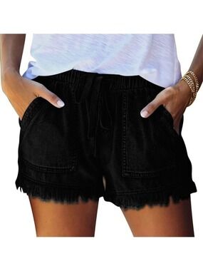 Women Drawstring Denim Shorts Burred Detail Pockets Comfy Baggy in Black Size M